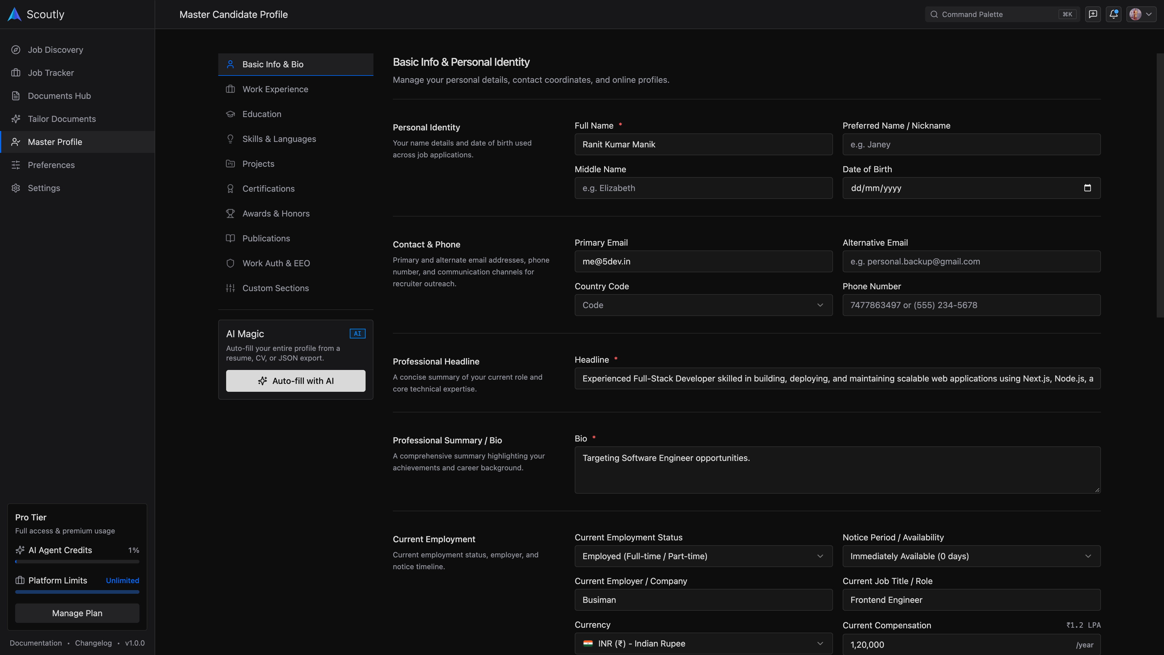 Scoutly Master Candidate Profile Interface
