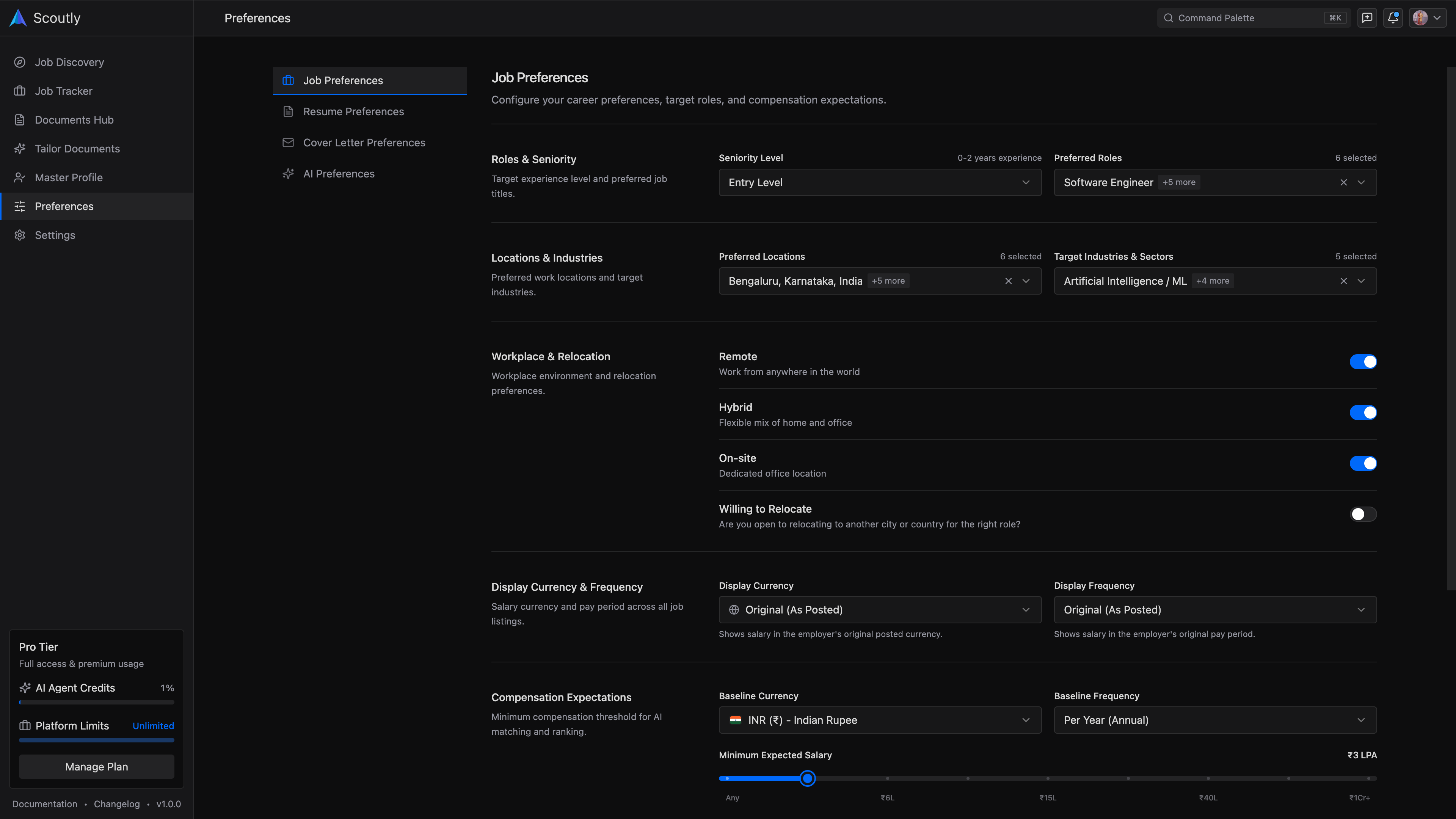 Scoutly Job Match and Career Preferences Interface