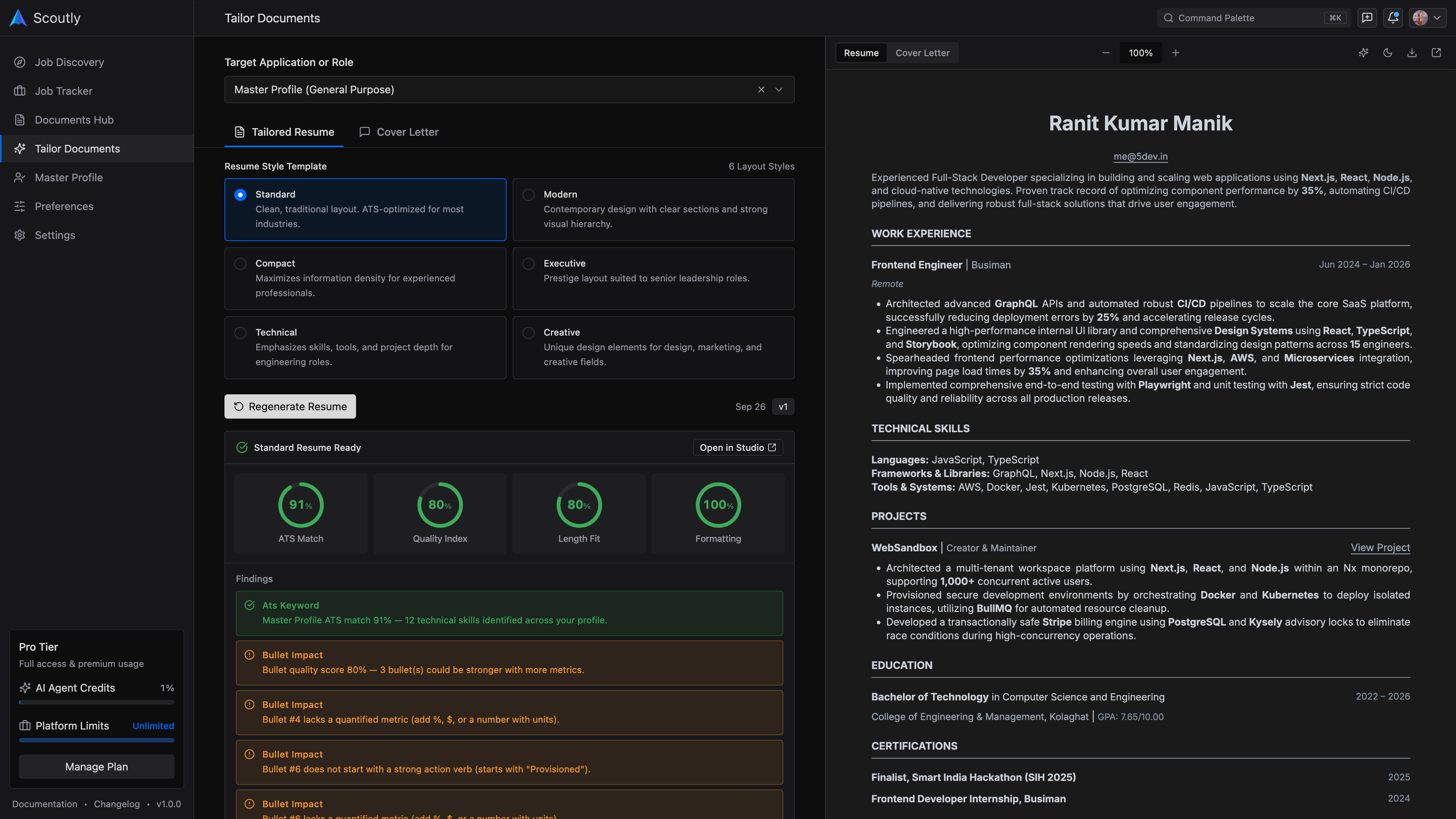 Scoutly Tailored Documents and Versioning Interface