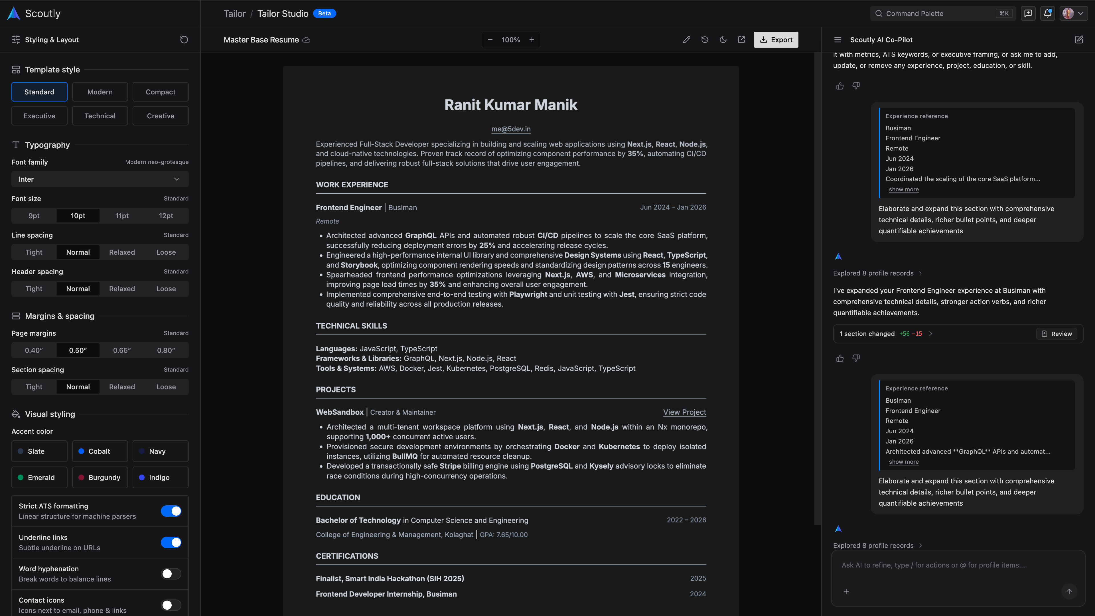Scoutly AI Resume Tailoring Studio Interface